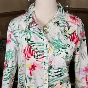 Investments White Button Front Blouse Watercolor Floral Tropical Designs Size 14